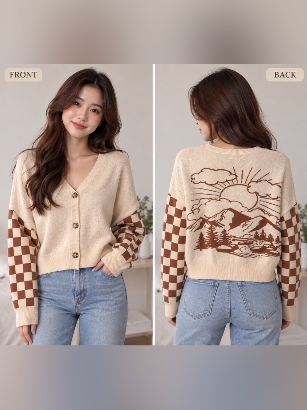 Originality Size S Cream Brown Checkered Mountain Graphic Cardigan